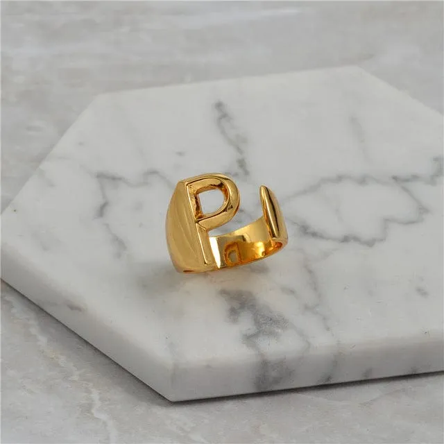 Brass With 18K Yellow Gold Plated English Letters Alphabet Rings Size Adjustable