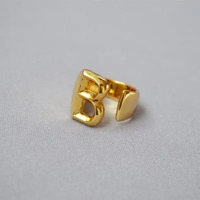 Brass With 18K Yellow Gold Plated English Letters Alphabet Rings Size Adjustable