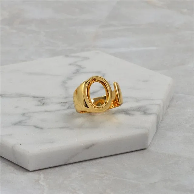 Brass With 18K Yellow Gold Plated English Letters Alphabet Rings Size Adjustable