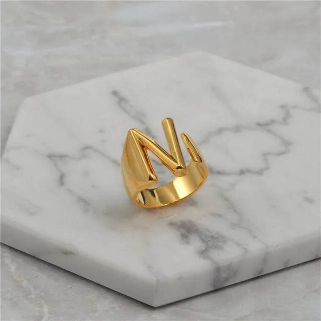 Brass With 18K Yellow Gold Plated English Letters Alphabet Rings Size Adjustable