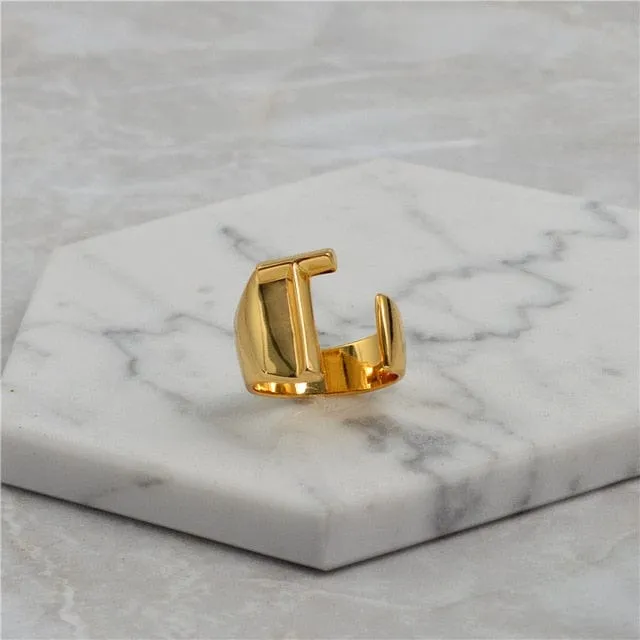 Brass With 18K Yellow Gold Plated English Letters Alphabet Rings Size Adjustable