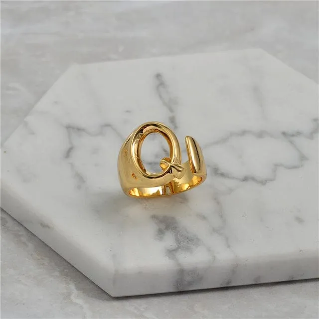 Brass With 18K Yellow Gold Plated English Letters Alphabet Rings Size Adjustable