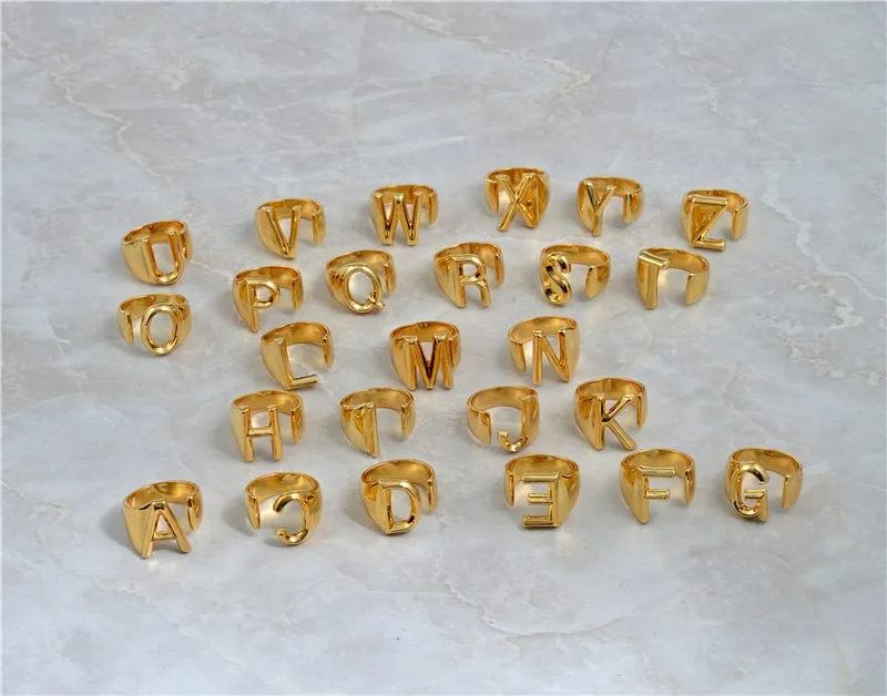 Brass With 18K Yellow Gold Plated English Letters Alphabet Rings Size Adjustable