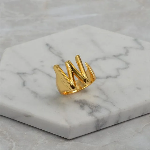 Brass With 18K Yellow Gold Plated English Letters Alphabet Rings Size Adjustable