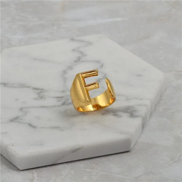 Brass With 18K Yellow Gold Plated English Letters Alphabet Rings Size Adjustable