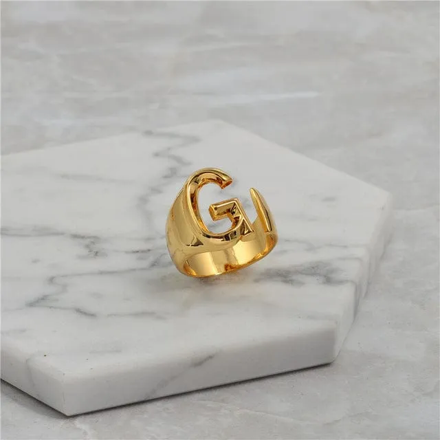 Brass With 18K Yellow Gold Plated English Letters Alphabet Rings Size Adjustable