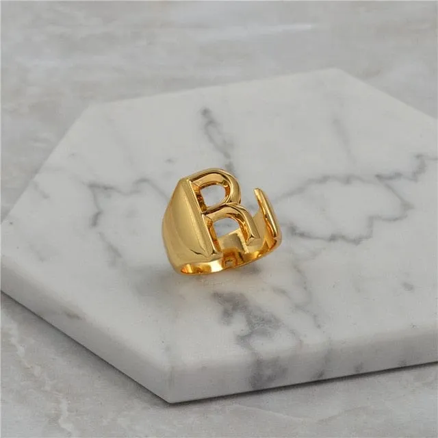 Brass With 18K Yellow Gold Plated English Letters Alphabet Rings Size Adjustable