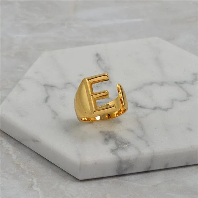 Brass With 18K Yellow Gold Plated English Letters Alphabet Rings Size Adjustable