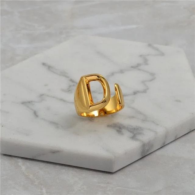 Brass With 18K Yellow Gold Plated English Letters Alphabet Rings Size Adjustable