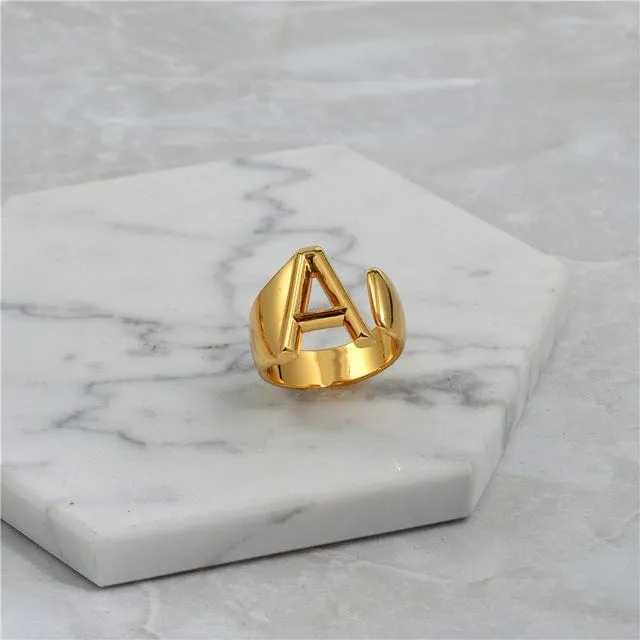 Brass With 18K Yellow Gold Plated English Letters Alphabet Rings Size Adjustable