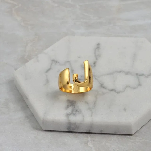 Brass With 18K Yellow Gold Plated English Letters Alphabet Rings Size Adjustable