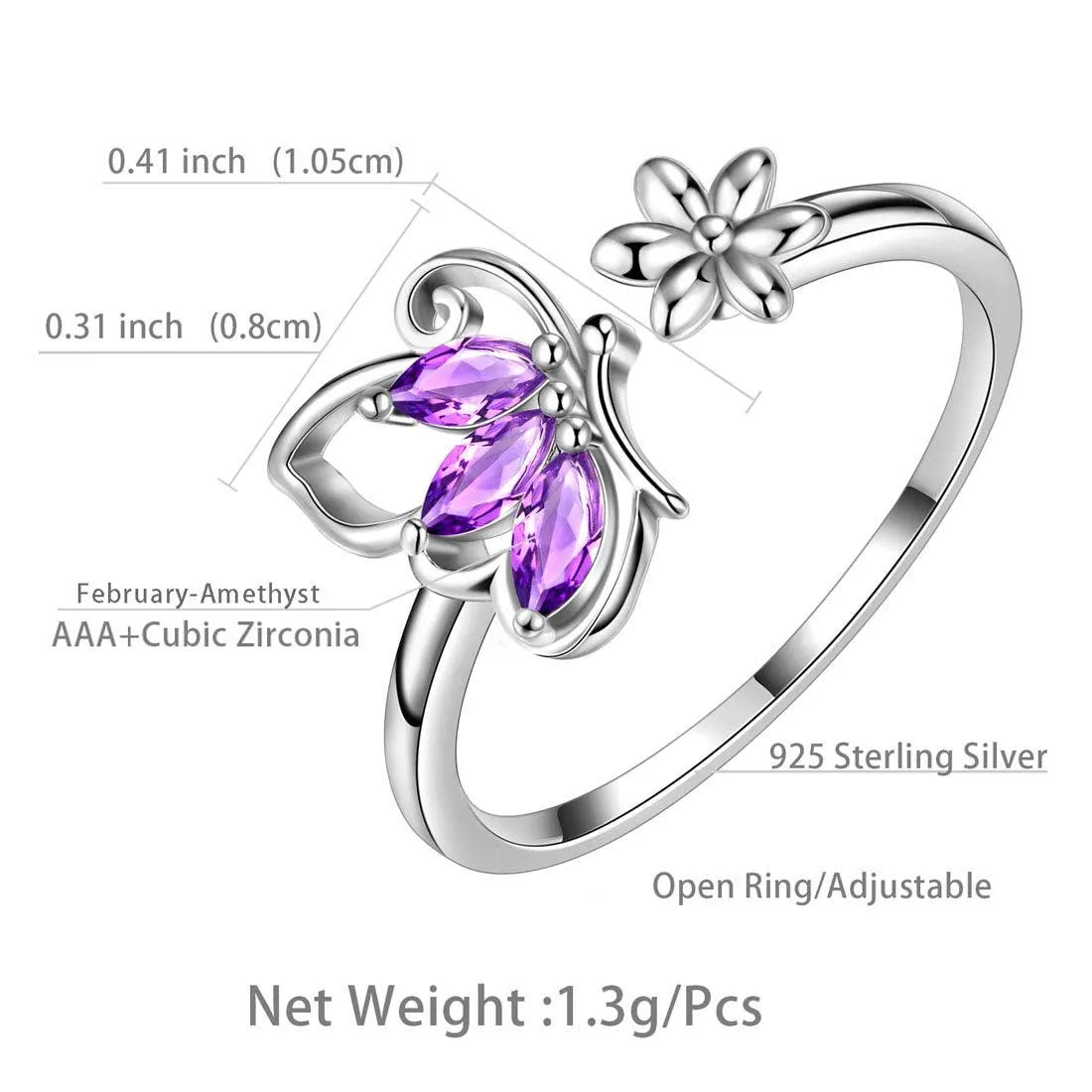 Butterfly Ring Open Birthstone February Amethyst Women Girls Jewelry Birthday Gift