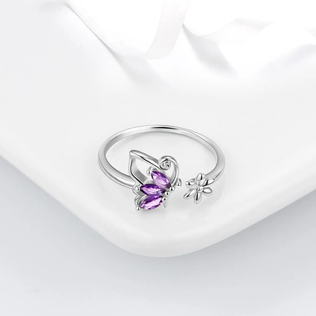 Butterfly Ring Open Birthstone February Amethyst Women Girls Jewelry Birthday Gift