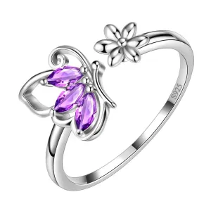 Butterfly Ring Open Birthstone February Amethyst Women Girls Jewelry Birthday Gift