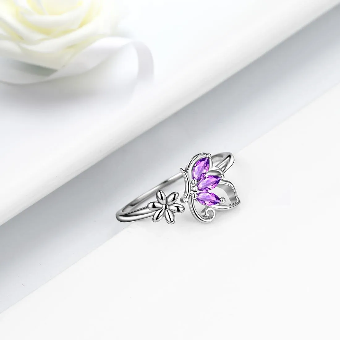 Butterfly Ring Open Birthstone February Amethyst Women Girls Jewelry Birthday Gift