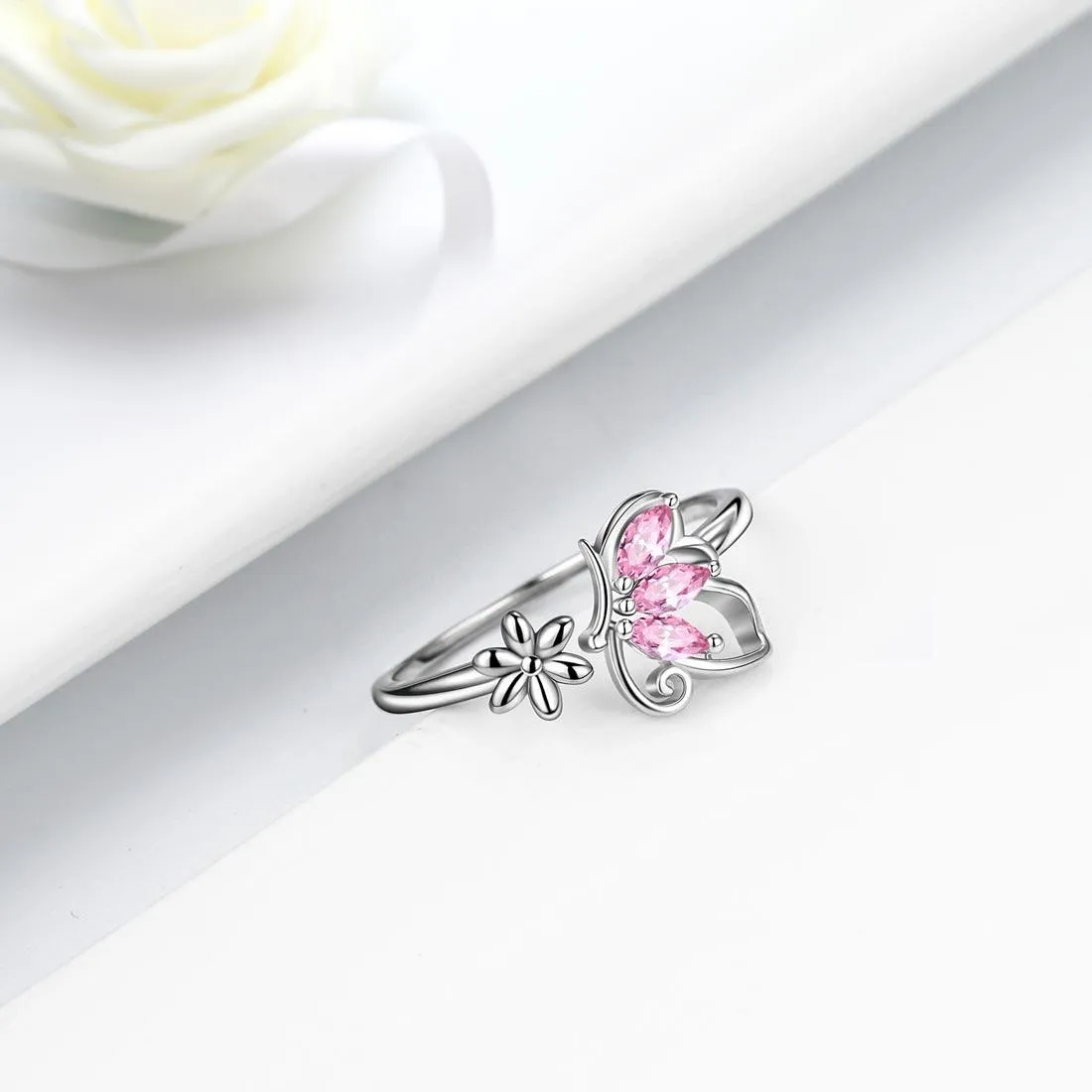 Butterfly Ring Open Birthstone October Tourmaline Women Girls Jewelry Birthday Gift