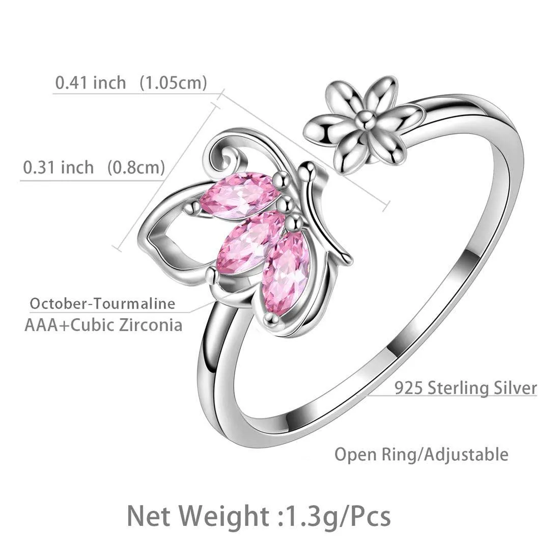 Butterfly Ring Open Birthstone October Tourmaline Women Girls Jewelry Birthday Gift