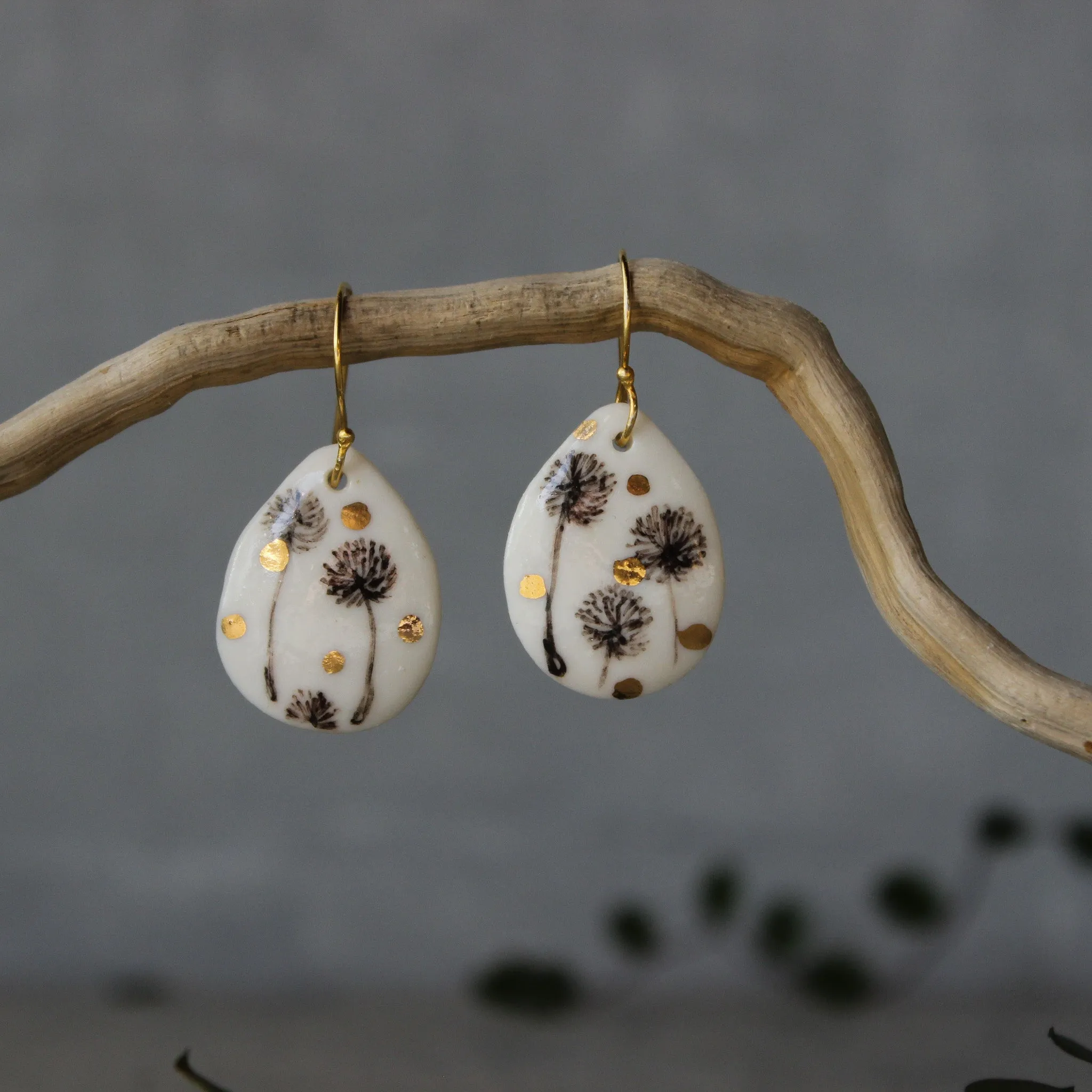 Ceramic Earrings Sepia Dandelion Teardrop