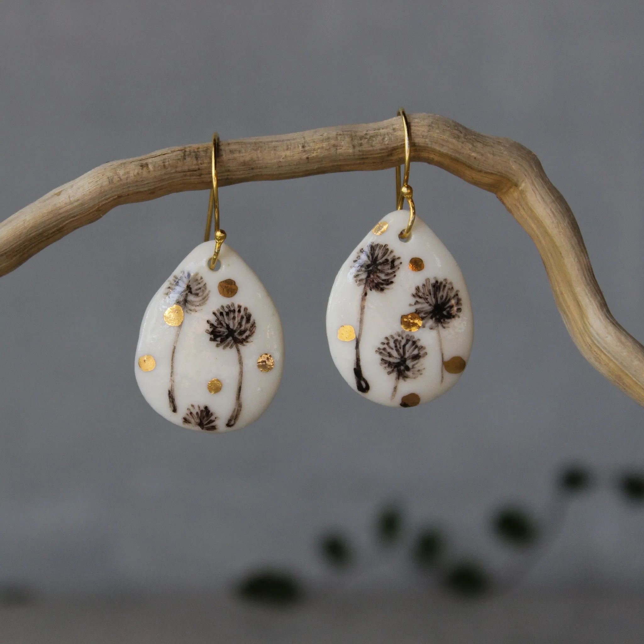 Ceramic Earrings Sepia Dandelion Teardrop