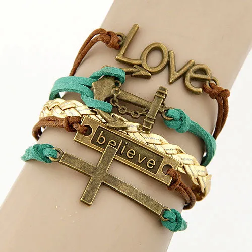 Charm Vintage Multilayer Charm Leather Bracelet Women Owl Cross Believe Bracelets Cheap Statement Jewelry Lady Best Friends Gift