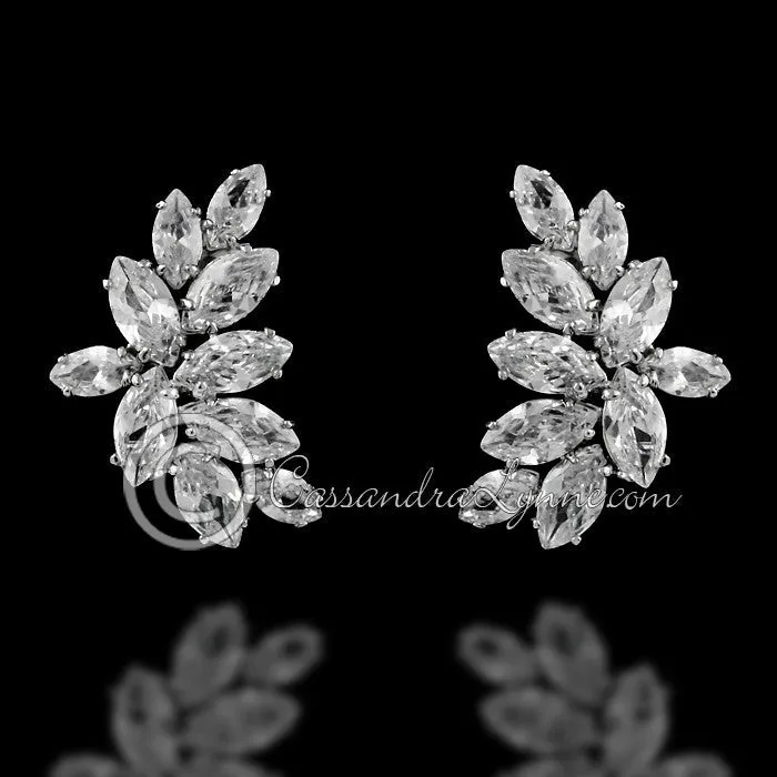 Clip-On CZ Bridal Earrings of Marquise Leaf Clusters