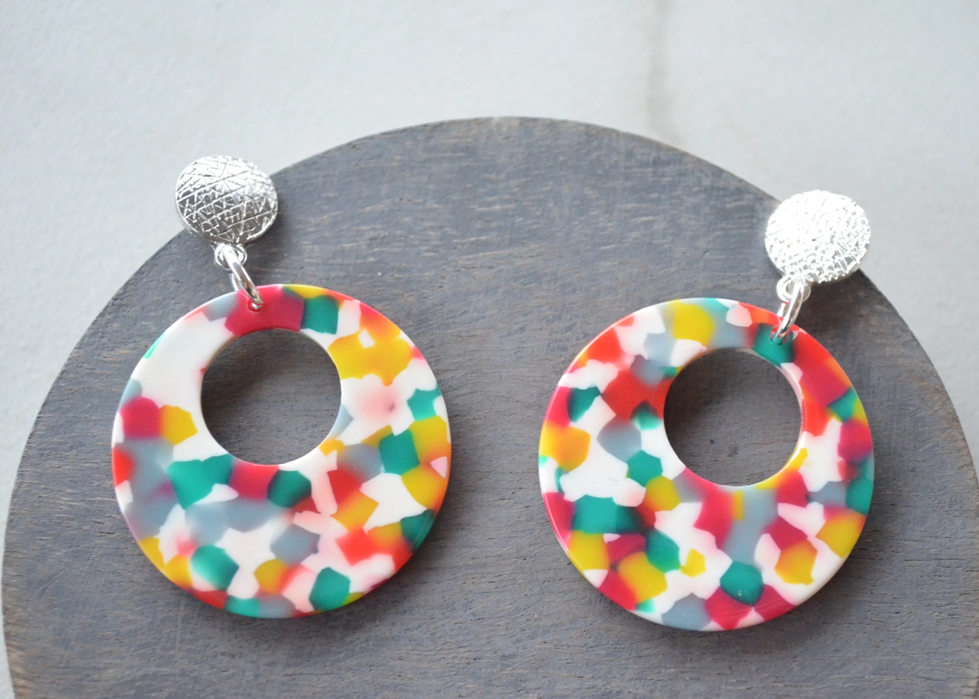 Confetti Big Hoop Colorful Rainbow Statement Multi Color Dangle Earrings - Grace