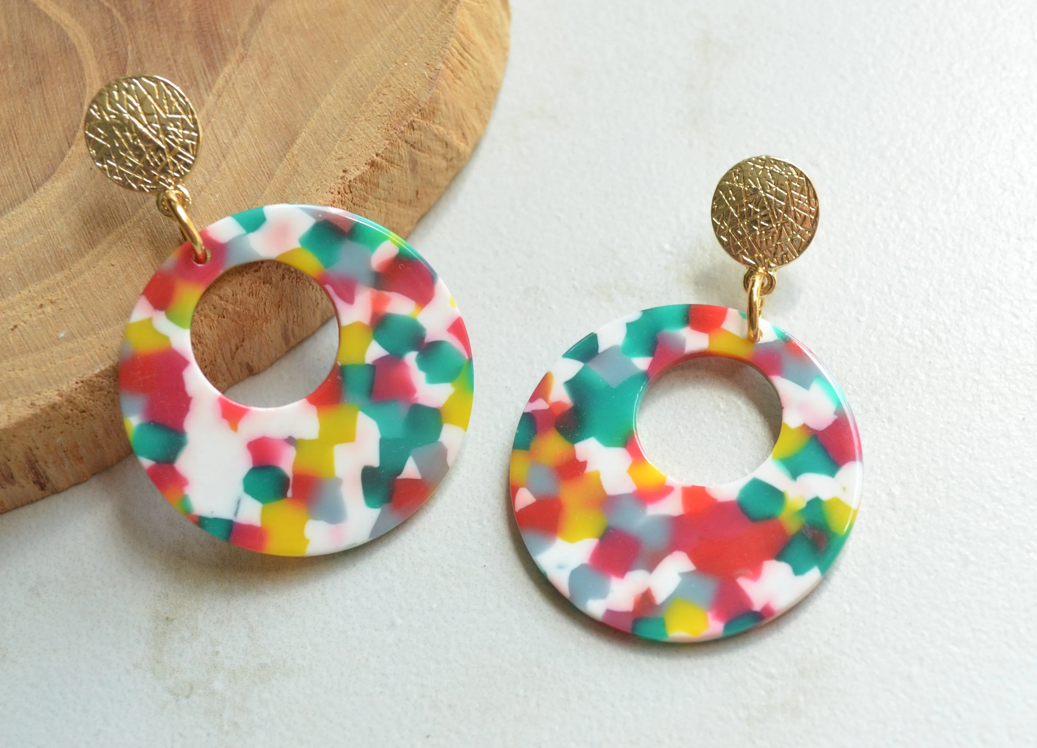 Confetti Big Hoop Colorful Rainbow Statement Multi Color Dangle Earrings - Grace