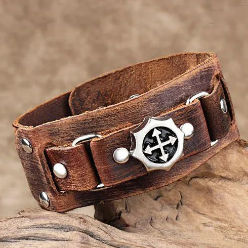 Cool Rock Men Woman Genuine Leather Cross Studs Wrap Bracelet Bracelets