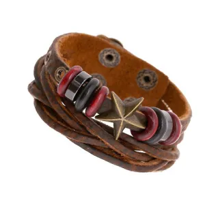 Cool Surfer Men Bracelets Vintage Genuine Brown Leather Braided Double Layer Cuff Bracelet Bronze Star Studded Rivet Bangle Male