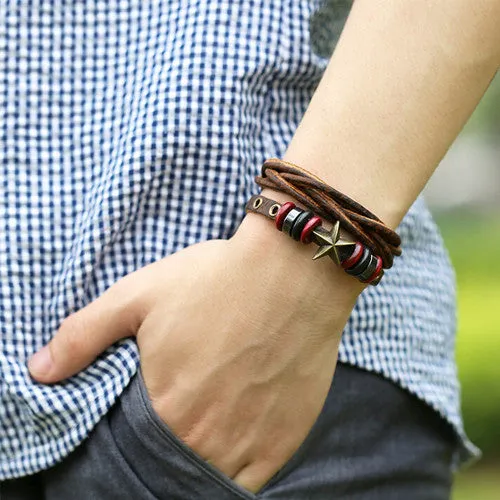 Cool Surfer Men Bracelets Vintage Genuine Brown Leather Braided Double Layer Cuff Bracelet Bronze Star Studded Rivet Bangle Male