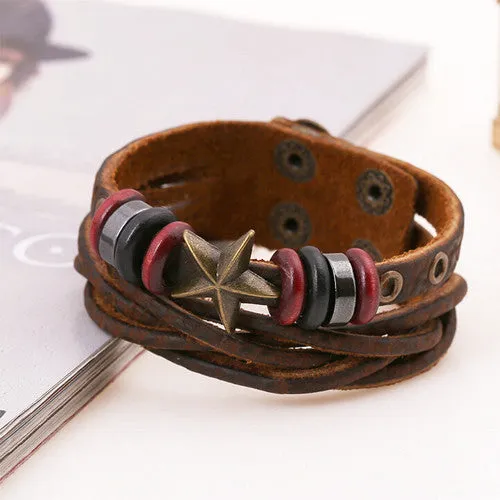 Cool Surfer Men Bracelets Vintage Genuine Brown Leather Braided Double Layer Cuff Bracelet Bronze Star Studded Rivet Bangle Male