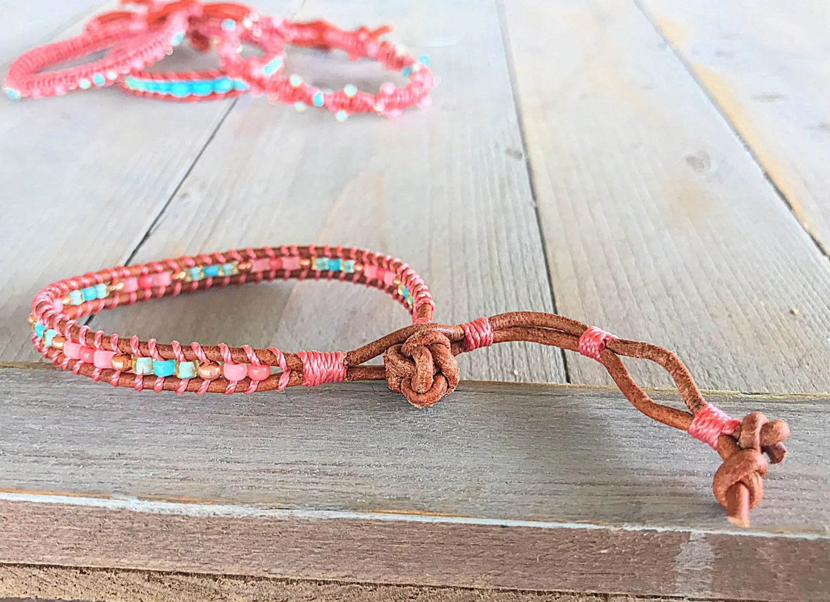 Coral and Turquoise Ladder Woven Leather Stack bracelet