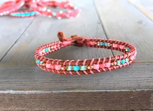 Coral and Turquoise Ladder Woven Leather Stack bracelet