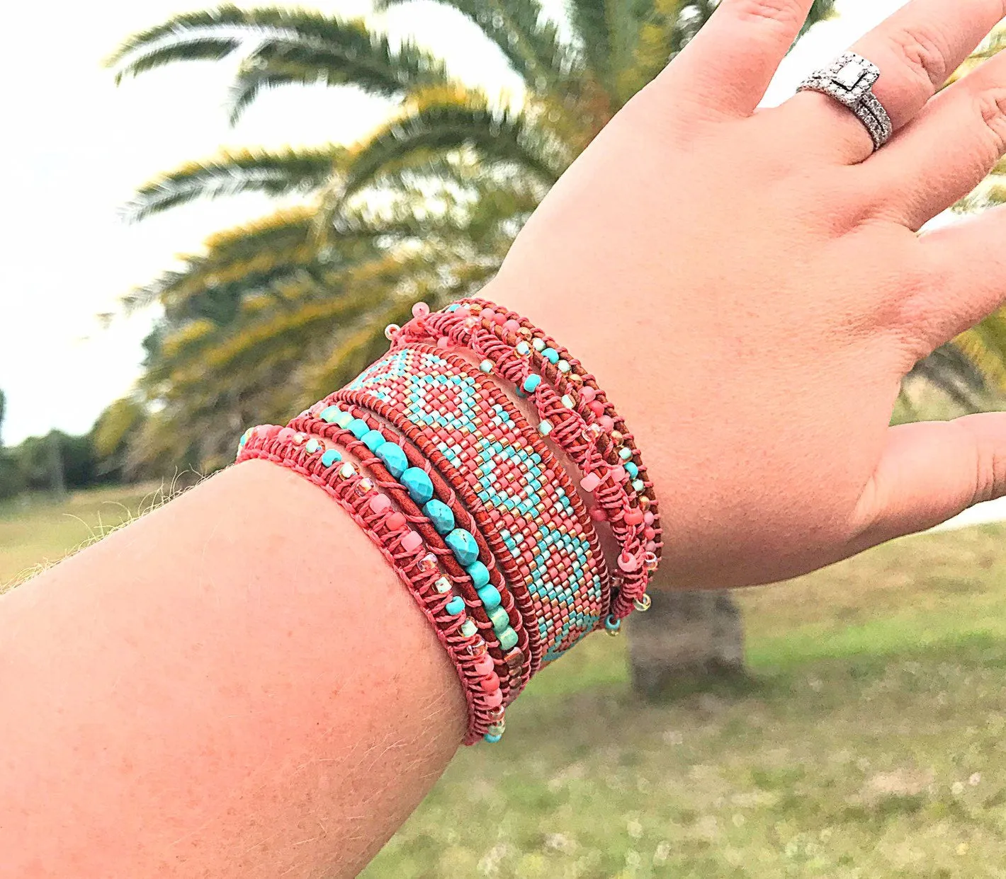 Coral and Turquoise Ladder Woven Leather Stack bracelet