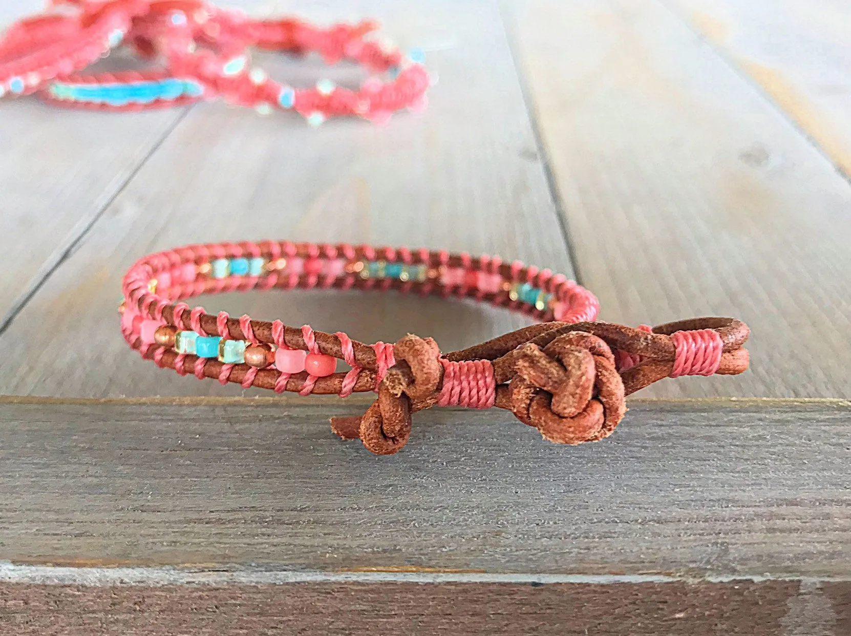 Coral and Turquoise Ladder Woven Leather Stack bracelet