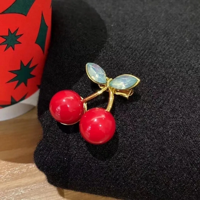 Cute Pin Cherry Alloy Enamel Rhinestones Women'S Brooches