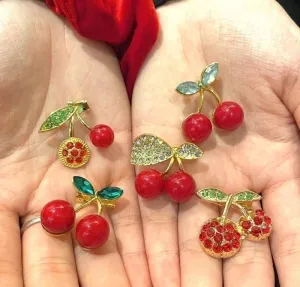 Cute Pin Cherry Alloy Enamel Rhinestones Women'S Brooches