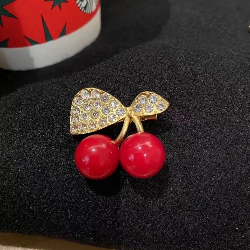 Cute Pin Cherry Alloy Enamel Rhinestones Women'S Brooches