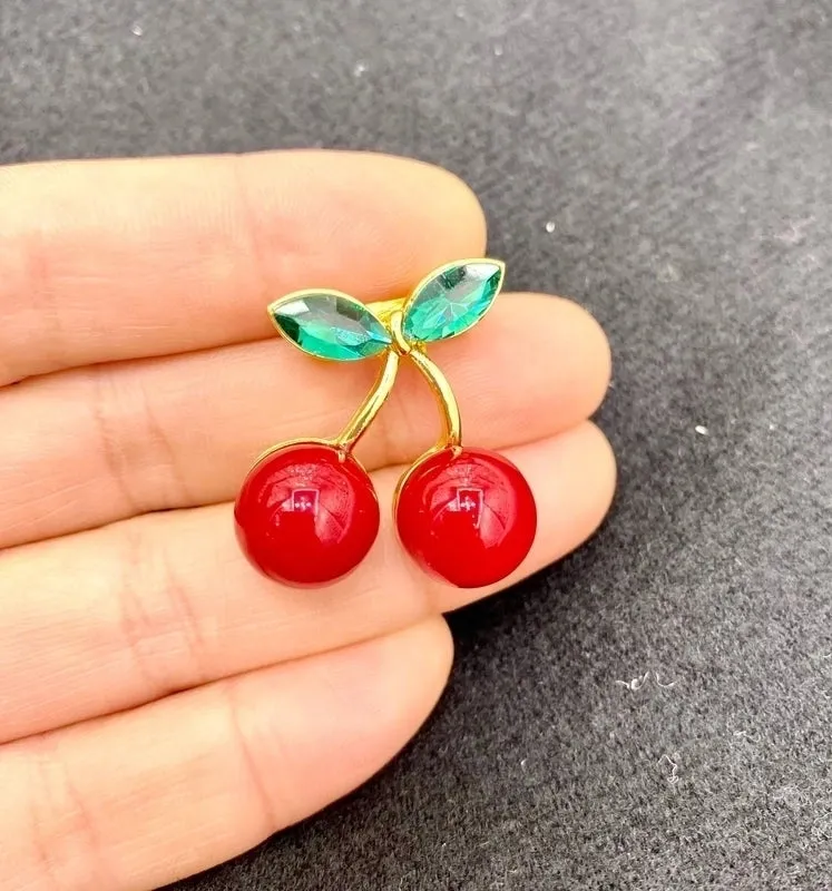 Cute Pin Cherry Alloy Enamel Rhinestones Women'S Brooches