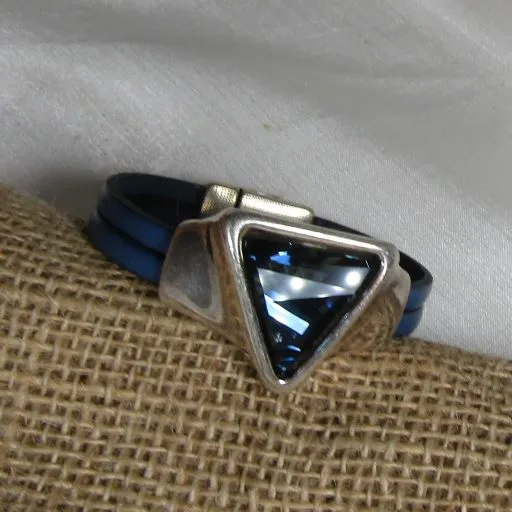 Dark Blue Leather Cuff Bracelet with Large Swarovski Crystal Focus