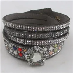 Double Wrapped Crystal Bling Grey Leather Bracelet