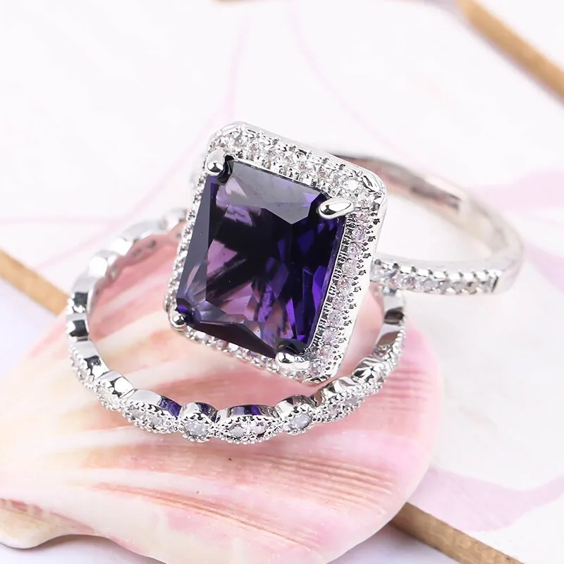 Exquisite Purple Big Glass Wedding Rings  For  couple / Fashion Glass Filled Inlaid Glass Filled Rings Set  for couple