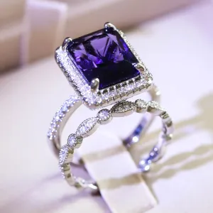 Exquisite Purple Big Glass Wedding Rings  For  couple / Fashion Glass Filled Inlaid Glass Filled Rings Set  for couple