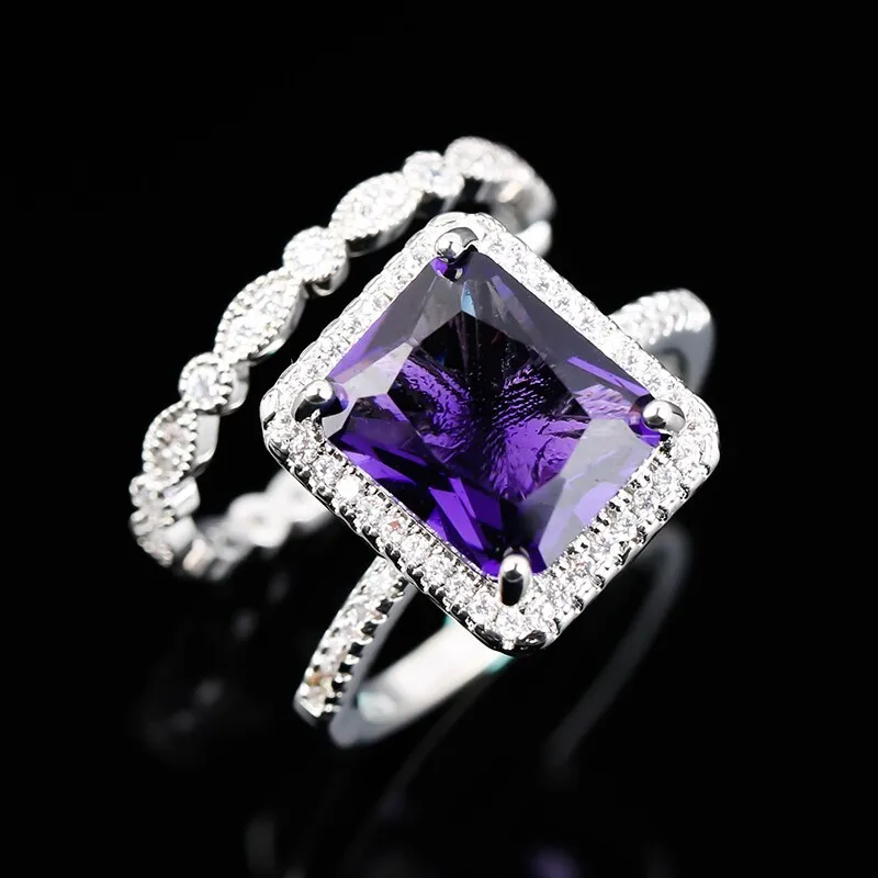 Exquisite Purple Big Glass Wedding Rings  For  couple / Fashion Glass Filled Inlaid Glass Filled Rings Set  for couple