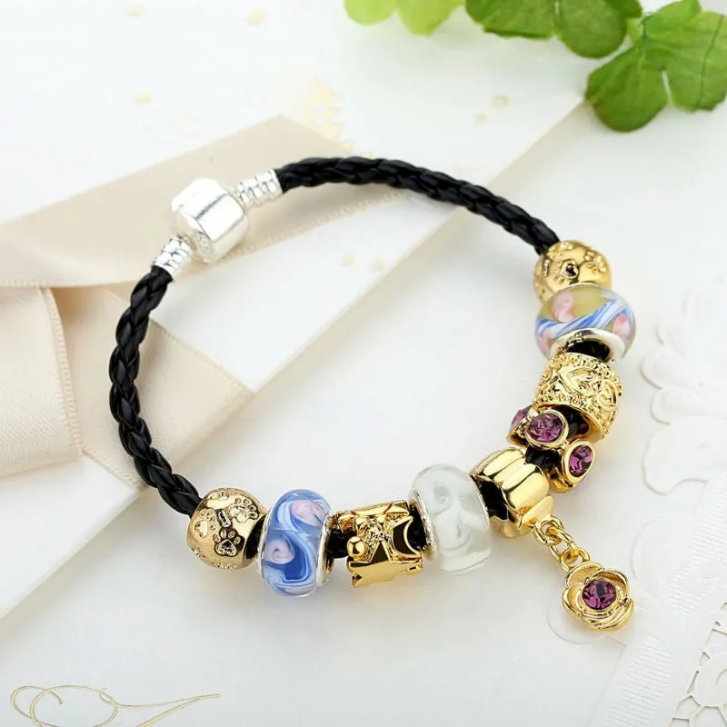 Fashion 925 Silver Leather Charm Bracelets & Bangles for Women With Murano Glass Beads Gold Charm DIY Birthday Gift