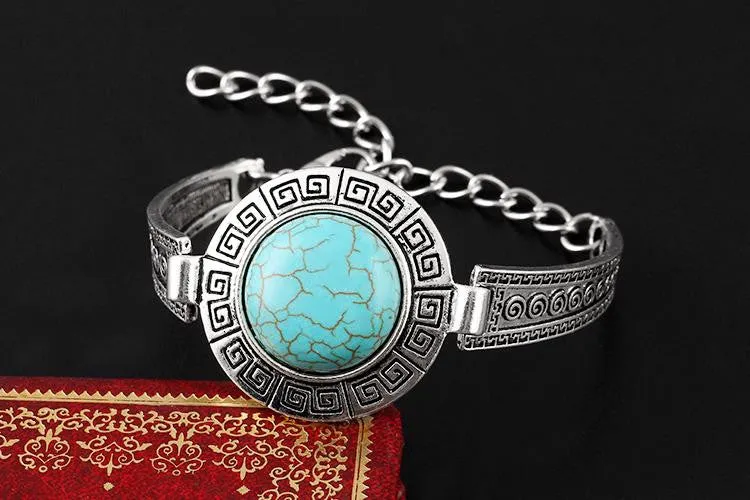 Fashion Hot Sales Vintage Jewelry Bracelelt Carved Tibetan Silver Round Turquoise Chain Bracelets Women pulsera Accessory