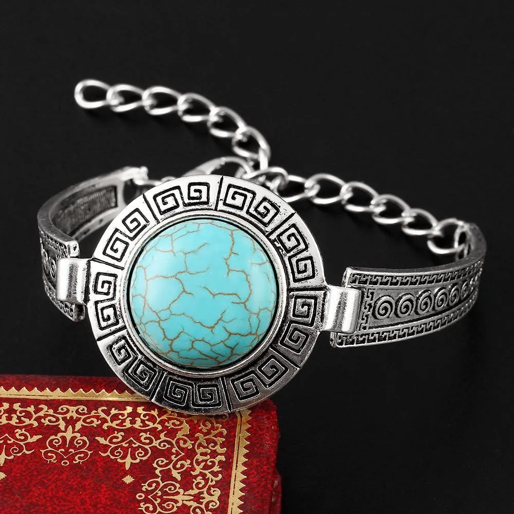 Fashion Hot Sales Vintage Jewelry Bracelelt Carved Tibetan Silver Round Turquoise Chain Bracelets Women pulsera Accessory