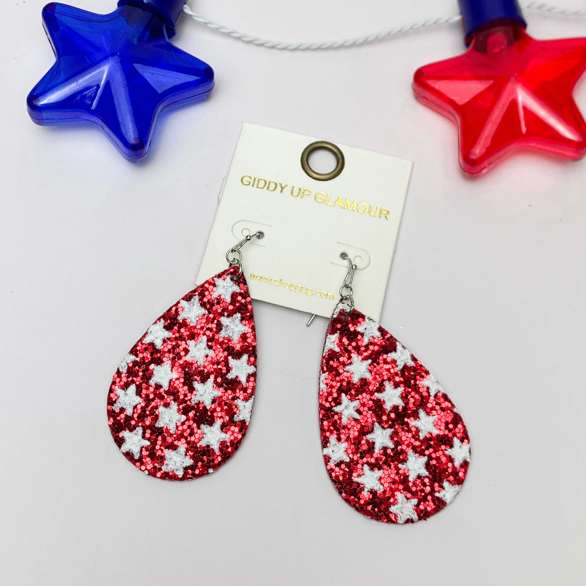 Festive Sparkly Red Drop Earrings Filled With White Stars