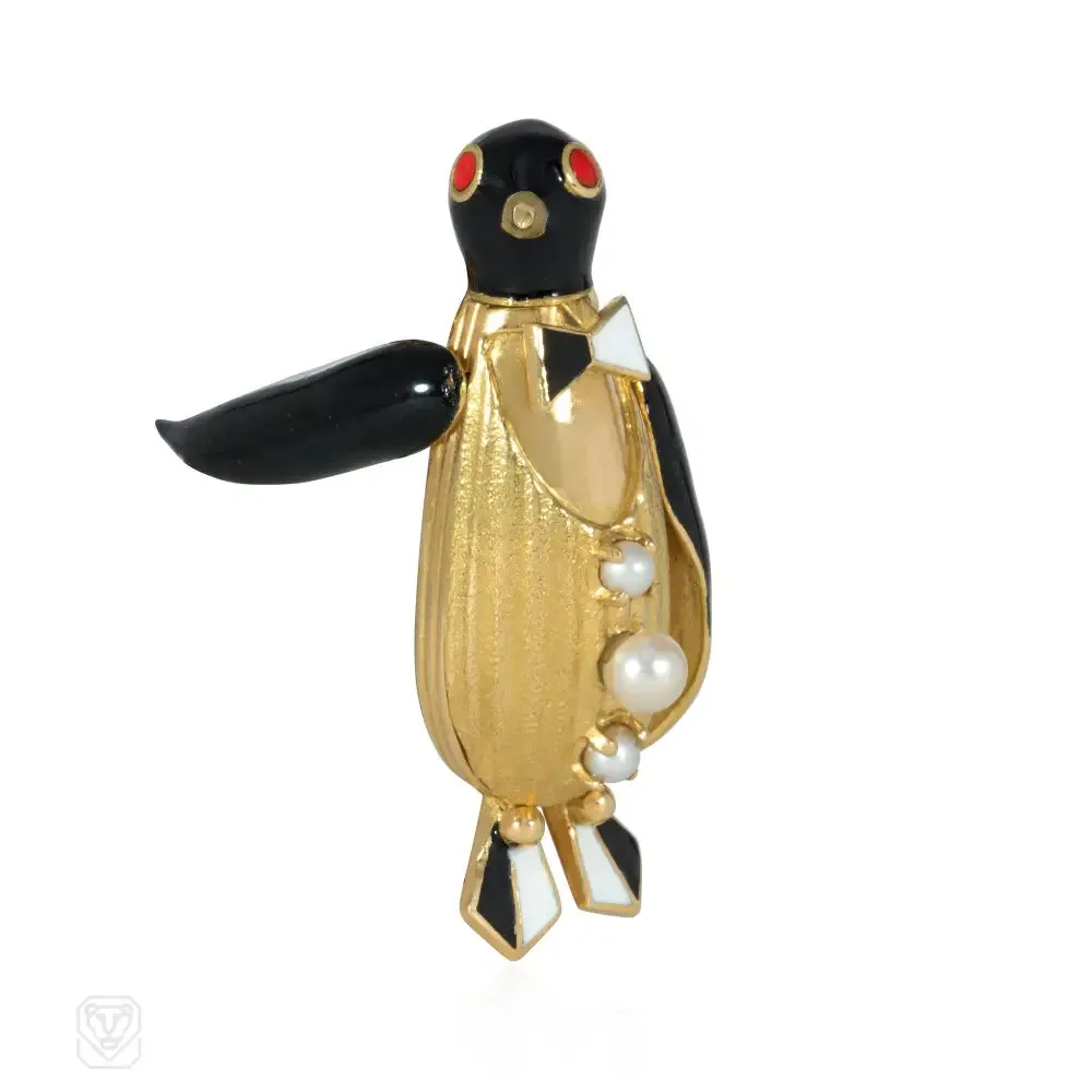 Fred Paris gold, pearl, and enamel penguin brooch