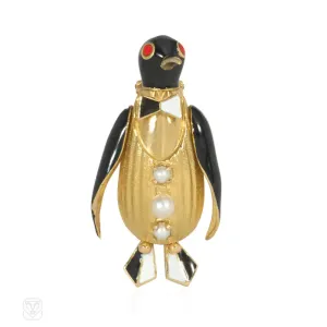 Fred Paris gold, pearl, and enamel penguin brooch